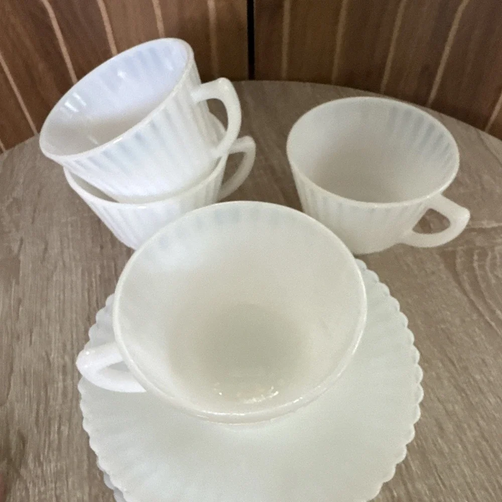 4 MacBeth Evans Opalescent White Monax Petalware Cups & Saucers